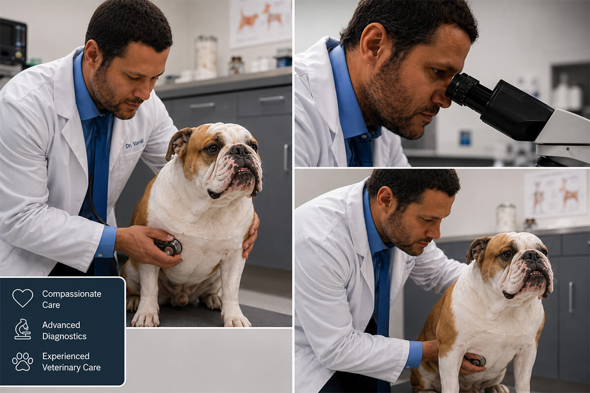 Dr-Vardi-800x960-1 Veterinarian examining a brown and white dog during a diagnostic appointment in Los Angeles, CA.